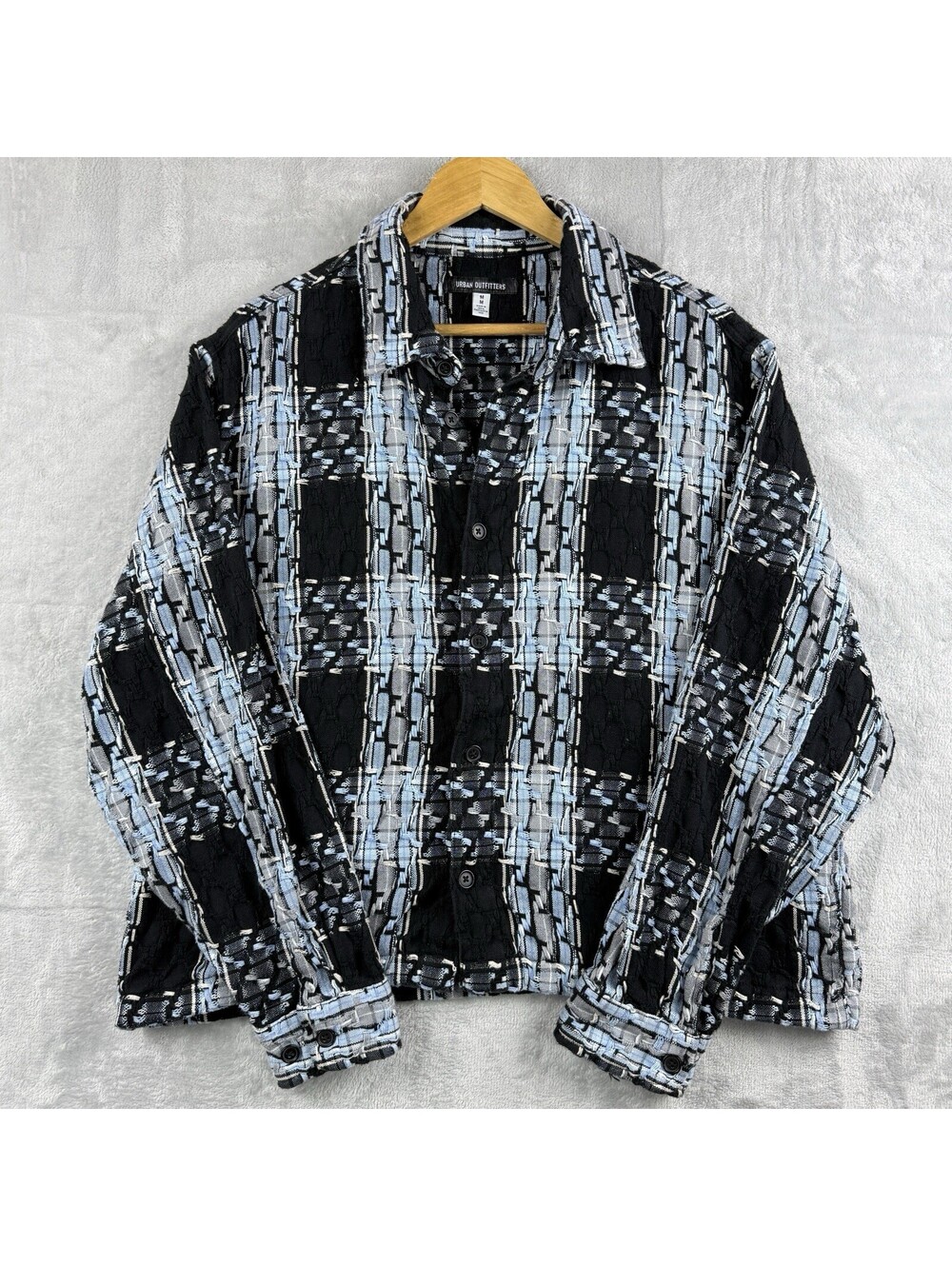 Urban Outfitters Mens M Textured Woven Shirt Black Blue Overshirt Streetwear Rlx